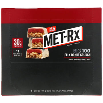 MET-Rx, Big 100, Meal Replacement Bar, Jelly Donut Crunch, 9 bars, 3.52 oz (100 g) Each