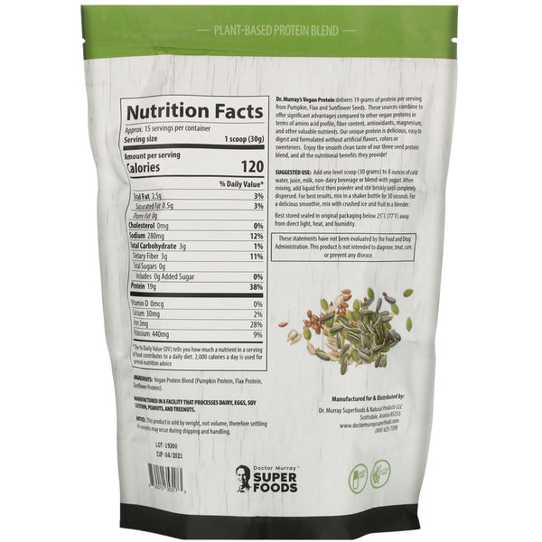 Dr. Murray's, Super Foods, 3 Seed Vegan Protein Powder, Unflavored, 16 oz (453.5 g) - The Supplement Shop