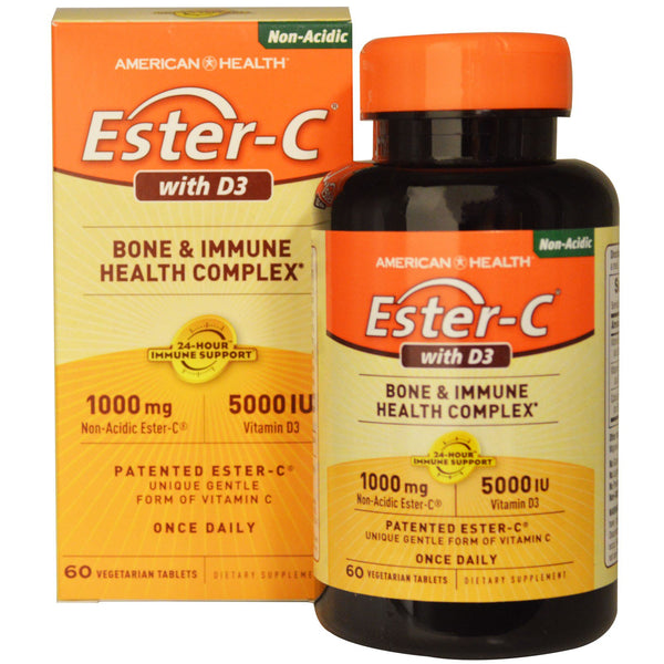 American Health, Ester-C with D3, Bone and Immune Health Complex, 1,000 mg/5,000 IU, 60 Vegetarian Tablets - The Supplement Shop