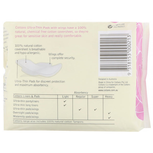 Cottons, 100% Natural Cotton Coversheet, Ultra-Thin Pads with Wings, Super, 12 Pads - The Supplement Shop