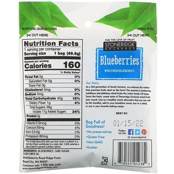 Stoneridge Orchards, Blueberries, Whole Dried Blueberries, 1.75 oz (49.6 g) - The Supplement Shop