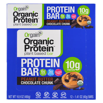 Orgain, Organic Plant-Based Protein Bar, Peanut Butter Chocolate Chunk, 12 Bars, 1.41 oz (40 g) Each