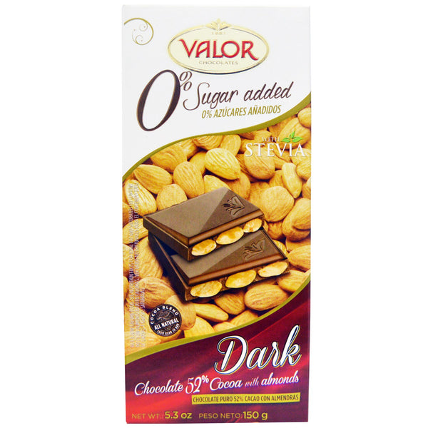 Valor, 0% Sugar Added, Dark Chocolate, 52% Cocoa with Almonds, 5.3 oz (150 g)