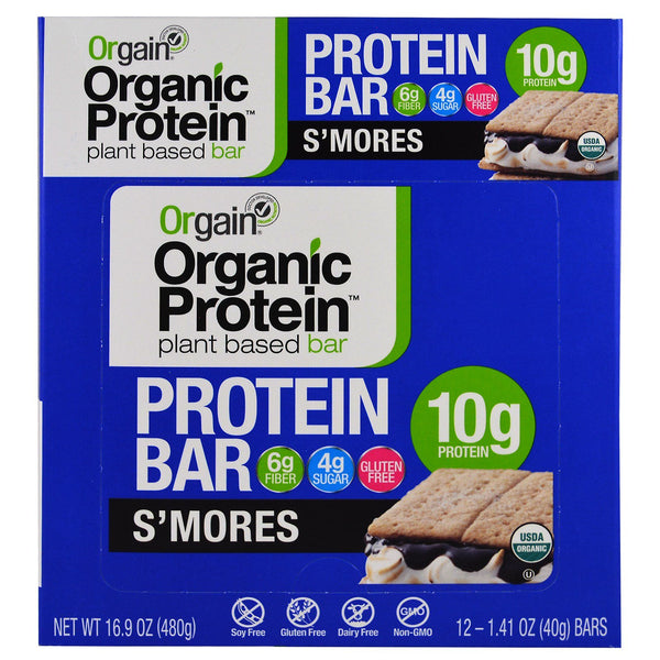 Orgain, Organic Plant-Based Protein Bar, S'mores, 12 Bars, 1.41 oz (40 g) Each - The Supplement Shop