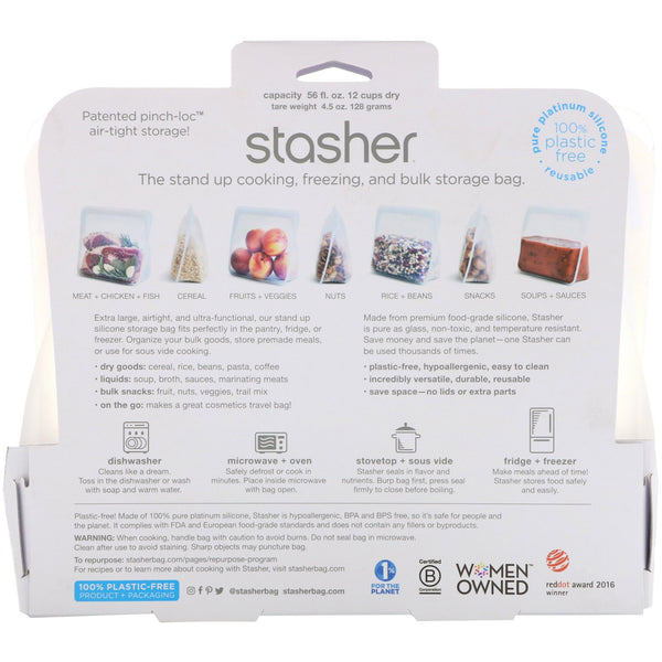 Stasher, Reusable Silicone Food Bag, Stand Up Bag, Clear, 56 fl. oz. (128 g) - The Supplement Shop