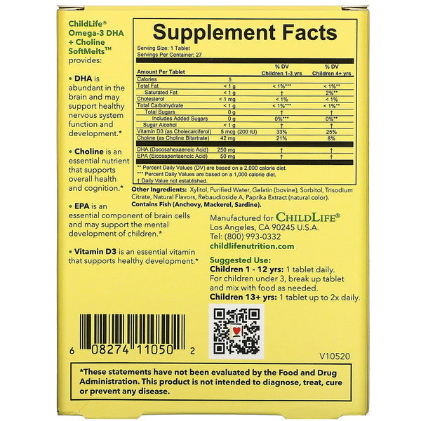 ChildLife, Omega-3 DHA + Choline SoftMelts, Natural Passion Fruit Flavor, 27 Tablets - The Supplement Shop