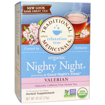Traditional Medicinals, Relaxation Teas, Organic Nighty Night, Naturally Caffeine Free Herbal Tea, Valerian, 16 Wrapped Tea Bags, .85 oz (24 g)