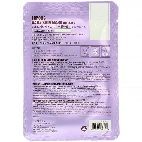 Lapcos, Collagen Sheet Mask, Firming, 1 Sheet, 0.84 fl oz (25 ml) - The Supplement Shop