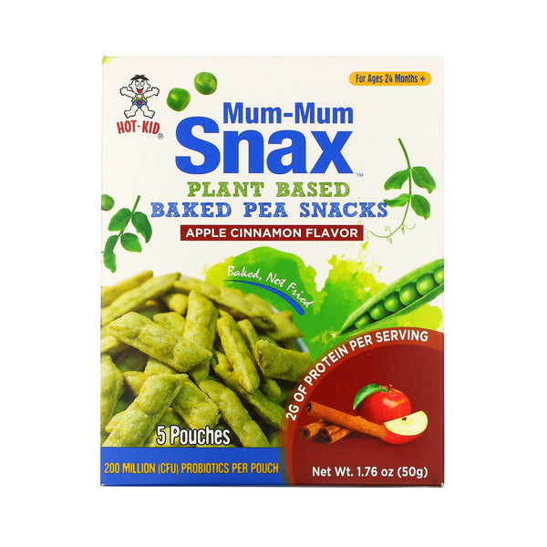 Hot Kid, Mum-Mum Snax, Baked Pea Snacks, For Ages 24 Months+, Apple Cinnamon, 5 Pouches, 1.76 oz (50 g) - The Supplement Shop