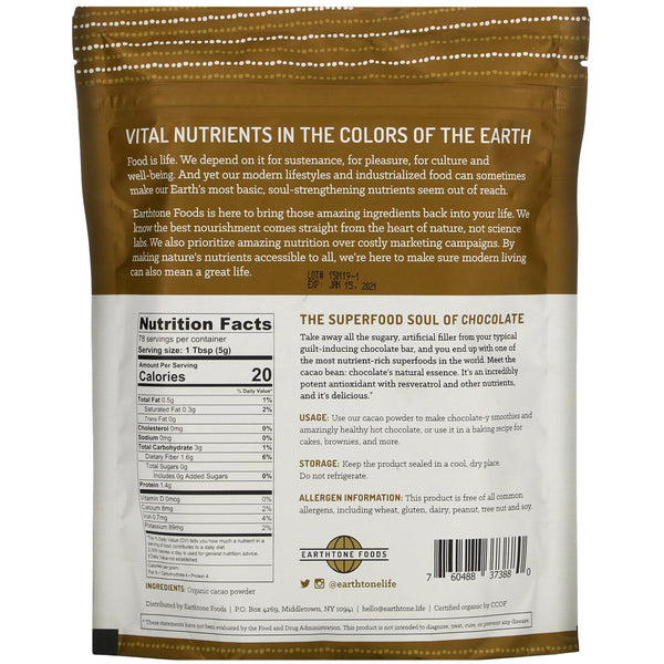 Earthtone Foods, Organic Cacao Powder, 14 oz (397 g) - The Supplement Shop