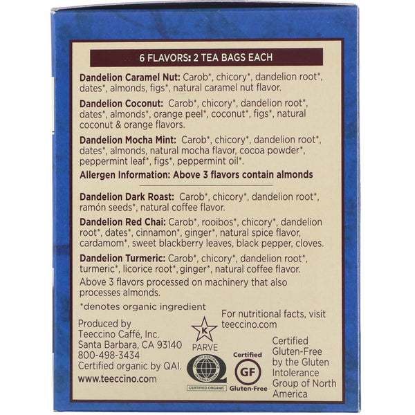 Teeccino, Roasted Herbal Tea, Dandelion Tea Sampler, 6 Flavors, Caffeine Free, 12 Tea Bags, 2.54 oz (72 g) - The Supplement Shop