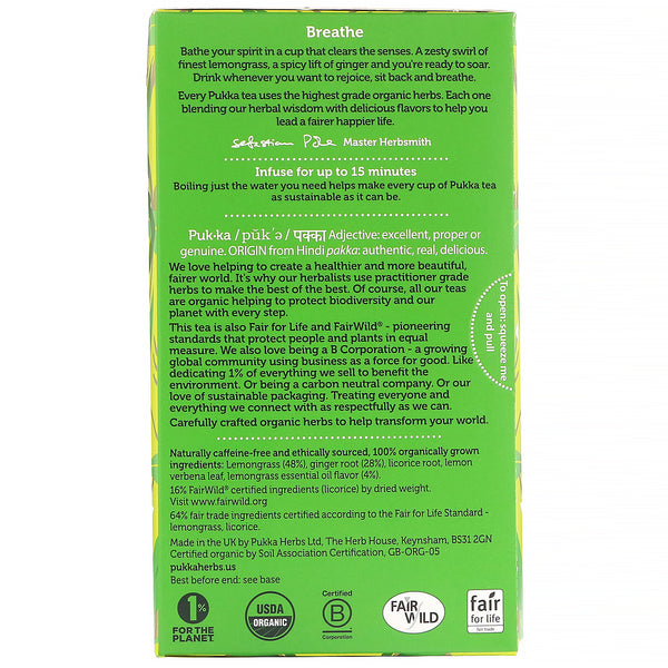 Pukka Herbs, Organic Lemongrass & Ginger, Caffeine-Free, 20 Herbal Tea Sachets, 1.27 oz (36 g) - The Supplement Shop