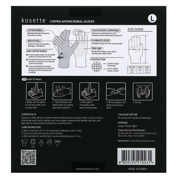 Kosette, Copper Antimicrobial Gloves, Large, 1 Pair - The Supplement Shop