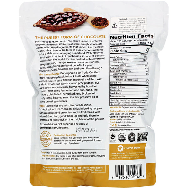 Zint, Raw Organic Cacao Nibs, 32 oz (907 g) - The Supplement Shop