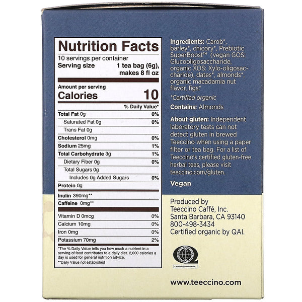Teeccino, Prebiotic Herbal Tea, Organic Macadamia Nut, Caffeine Free, 10 Tea Bags, 2.12 oz (60 g) - The Supplement Shop