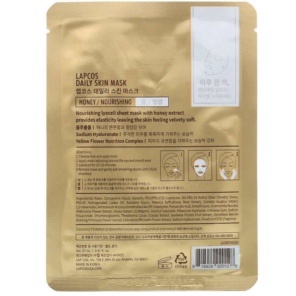 Lapcos, Honey Sheet Mask, Nourishing, 1 Sheet, 0.91 fl oz (27 ml) - The Supplement Shop