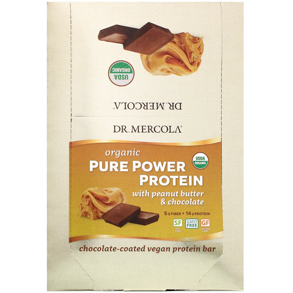 Dr. Mercola, Organic Pure Power Protein, Peanut Butter & Chocolate, 12 Bars, 1.83 oz (52 g) Each - The Supplement Shop