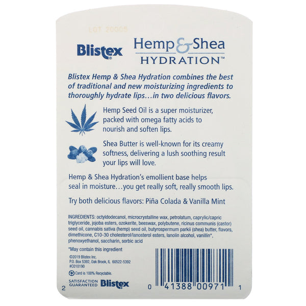 Blistex, Hemp & Shea, Lip Moisturizer, Hydration, Pina Colada & Vanilla Mint, 2 Pack, 0.15 oz (4.25 g) Each - The Supplement Shop