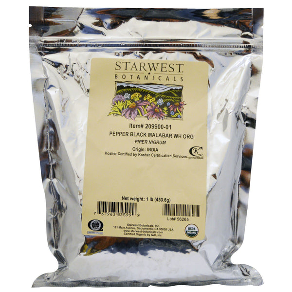 Starwest Botanicals, Organic Whole Pepper Black Malabar, 1 lb (453.6 g) - The Supplement Shop