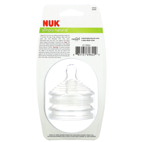 NUK, Simply Natural, Slow Flow Bottle Nipples, 0+ Months, 2 Nipples - The Supplement Shop
