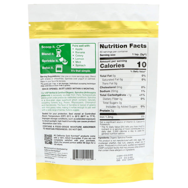 California Gold Nutrition, Superfoods, Organic Spirulina Powder, 8.5 oz (240 g) - The Supplement Shop