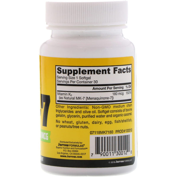 Jarrow Formulas, MK-7, Most Active Form of Vitamin K2, 180 mcg, 30 Softgels - The Supplement Shop