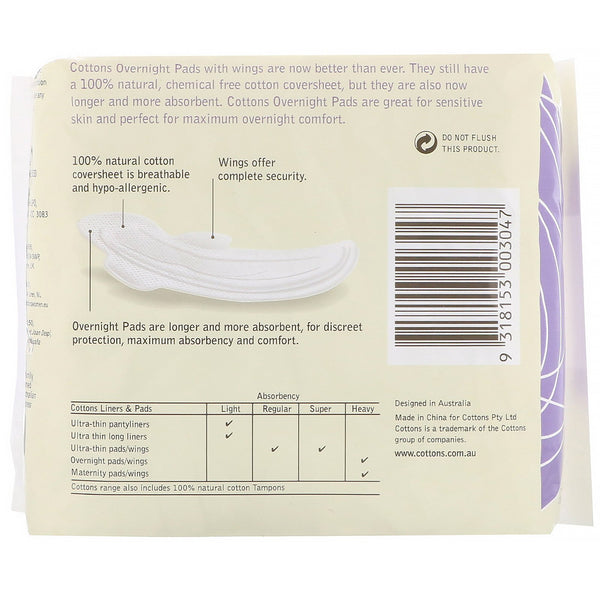 Cottons, 100% Natural Cotton Coversheet, Overnight Pads with Wings, Heavy, 10 Pads - The Supplement Shop