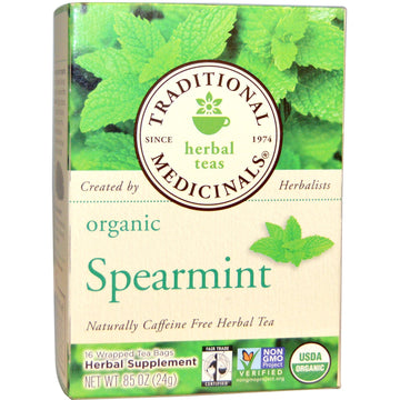 Traditional Medicinals, Herbal Teas, Organic Spearmint, Naturally Caffeine Free, 16 Wrapped Tea Bags, .85 oz (24 g)