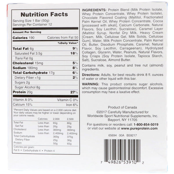 Pure Protein, Chocolate Peanut Caramel Bar, 12 Bars, 1.76 oz (50 g) Each - The Supplement Shop
