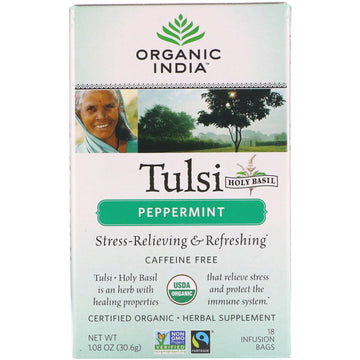 Organic India, Tulsi Tea, Peppermint, Caffeine-Free, 18 Infusion Bags, 1.08 oz (30.6 g)