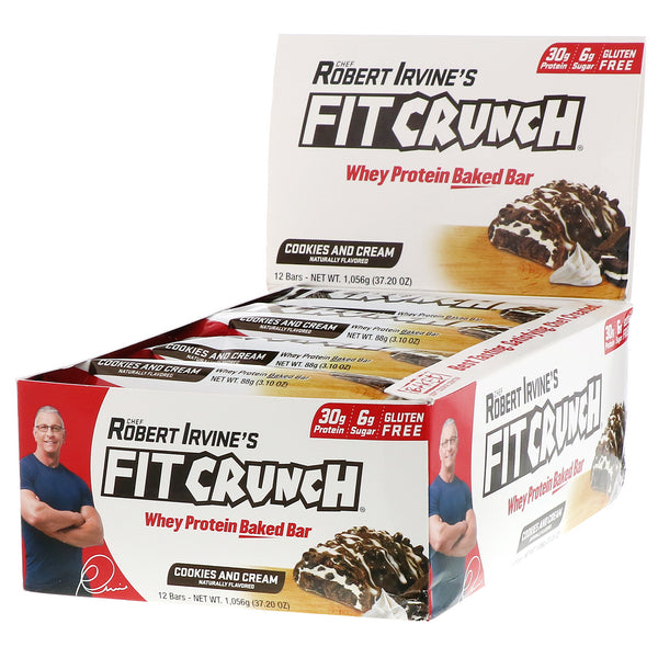 FITCRUNCH, Whey Protein Baked Bar, Cookies and Cream, 12 Bars, 3.10 oz (88 g) Each - The Supplement Shop