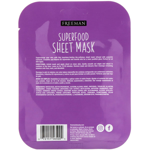 Freeman Beauty, Superfood Sheet Mask, Anti-Aging Artichoke, 1 Mask, 0.84 fl oz (25 ml) - The Supplement Shop