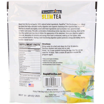 RAPIDFIRE, SlimTea, 14 Day Herbal Teatox, Matcha Tea, Real Lemon Flavor, 14 Tea Bags