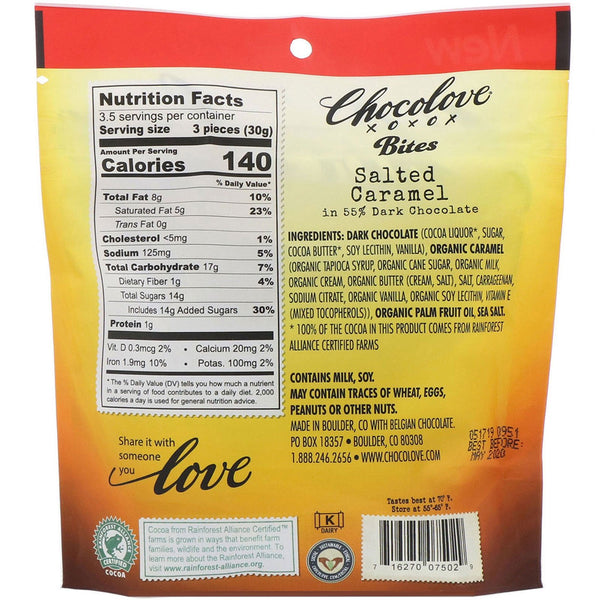 Chocolove, Bites, Salted Caramel in 55% Dark Chocolate, 3.5 oz (100 g) - The Supplement Shop