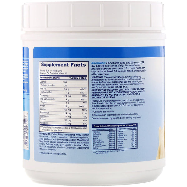 Pure Protein, 100% Whey Protein, Vanilla Cream, 1 lb (453 g) - The Supplement Shop