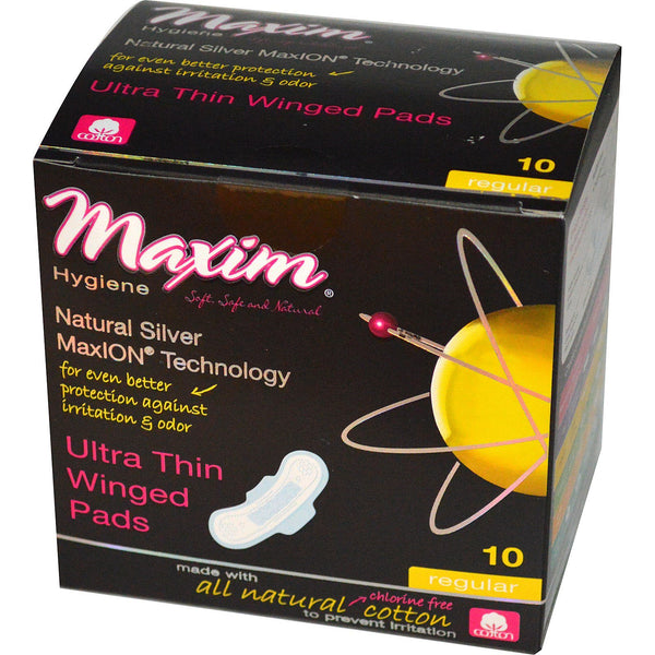 Maxim Hygiene Products, Ultra Thin Winged Pads, Natural Silver MaxION Technology, Regular, 10 Pads - The Supplement Shop