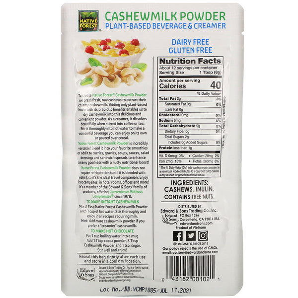 Edward & Sons, Cashewmilk Powder, 3.5 oz (100 g) - The Supplement Shop