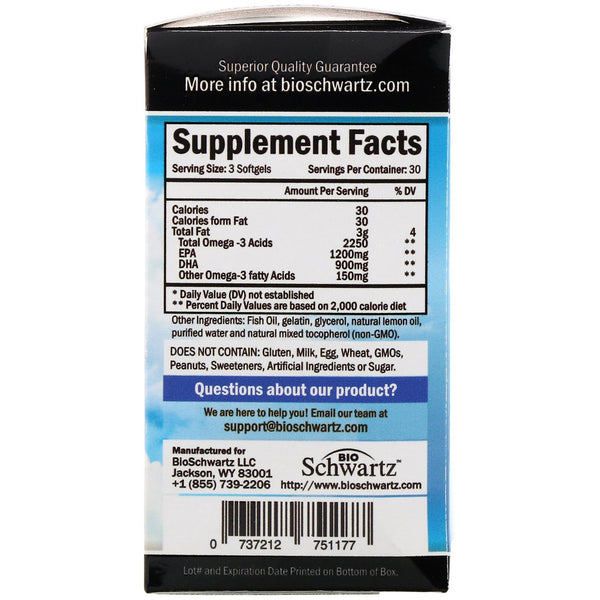 BioSchwartz, Omega 3 Fish Oil, Lemon Flavor, 1200 mg EPA & 900 mg DHA, 90 Softgels - The Supplement Shop