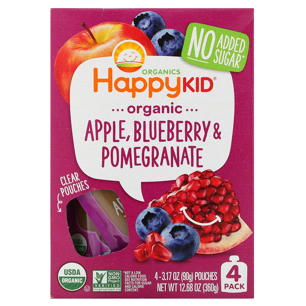 Happy Family Organics, Happy Kid, Organic Apple, Blueberry & Pomegranate, 4 Pouches, 3.17 oz (90 g) Each - The Supplement Shop