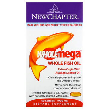 New Chapter, Wholemega, Extra-Virgin Wild Alaskan Salmon, Whole Fish Oil, 1,000 mg, 60 Softgels