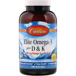 Carlson Labs, Elite Omega-3 Plus D & K, Natural Lemon Flavor, 180 Soft Gels - The Supplement Shop