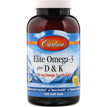 Carlson Labs, Elite Omega-3 Plus D & K, Natural Lemon Flavor, 180 Soft Gels