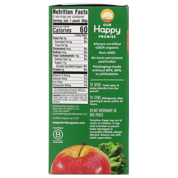 Happy Family Organics, Happy Kid, Organic Apple, Kale & Mango, 4 Pouches, 3.17 oz (90 g) Each - The Supplement Shop