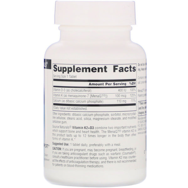 Source Naturals, Vitamin K2 + D3, 100 mcg, 60 Tablets - The Supplement Shop