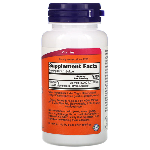 Now Foods, Vitamin D-3 High Potency, 1,000 IU, 180 Softgels - The Supplement Shop