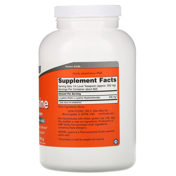 Now Foods, L-Lysine Pure Powder, 1 lb (454 g) - The Supplement Shop