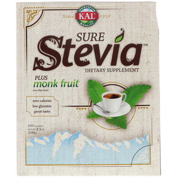 KAL, Sure Stevia, Plus Monk Fruit, 100 Packets, 3.5 oz (100 g) - The Supplement Shop