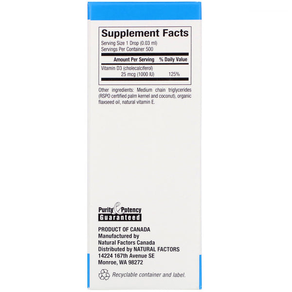 Natural Factors, Vitamin D3 Drops, Unflavored, 25 mcg (1,000 IU), 0.5 fl oz (15 ml) - The Supplement Shop