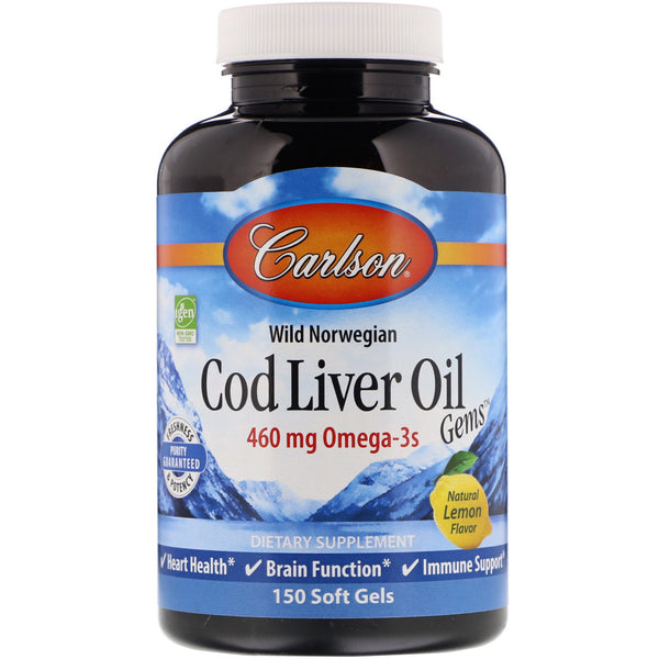 Carlson Labs, Wild Norwegian Cod Liver Oil Gems, Natural Lemon Flavor, 460 mg, 150 Soft Gels - The Supplement Shop