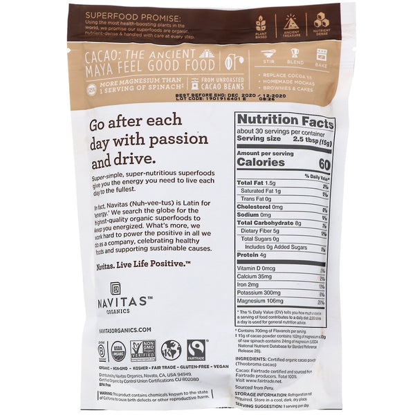 Navitas Organics, Organic Cacao Powder, 16 oz (454 g) - The Supplement Shop